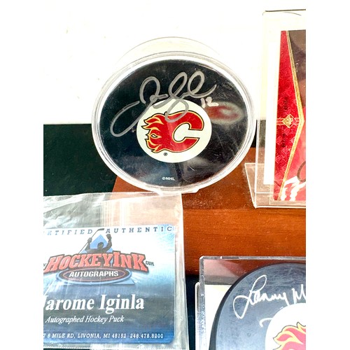 532 - Lenny MCDonald Calgary Flames signed, autographed 89 Cup puck, Jarome Iglina signed puck, players ca... 