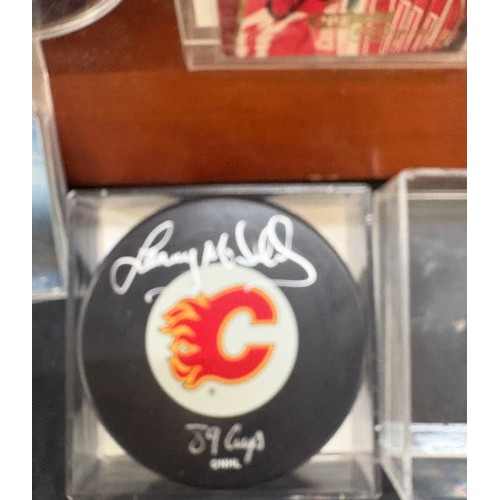 532 - Lenny MCDonald Calgary Flames signed, autographed 89 Cup puck, Jarome Iglina signed puck, players ca... 