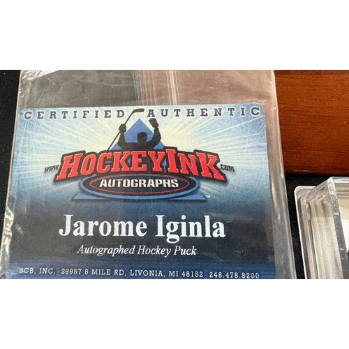 532 - Lenny MCDonald Calgary Flames signed, autographed 89 Cup puck, Jarome Iglina signed puck, players ca... 