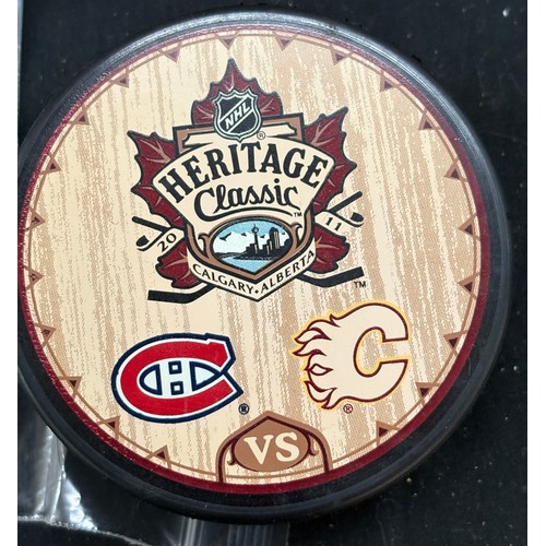 448 - Selection of 6 NHL pucks, 3 of which are signed by Calgarry Flames players, miikka kiprusoff, David ... 