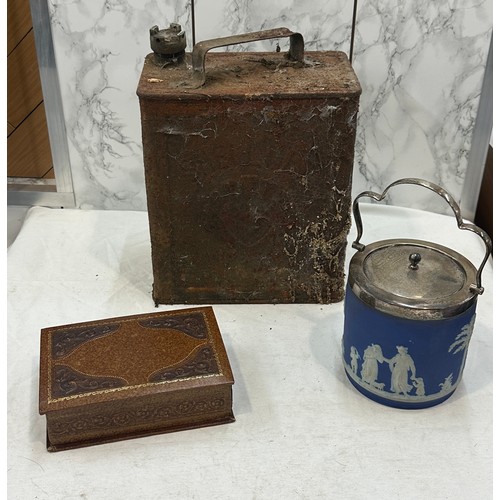 27 - Three vintage items a petrol can, Wedgwood biscuit barrel and a box