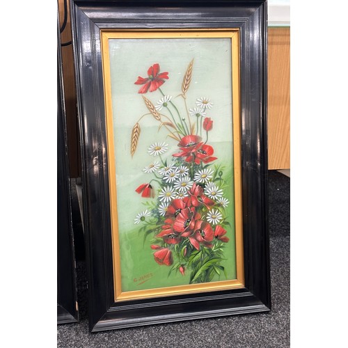 231 - Two framed hand painted floral scenes on glass signed G.James largest measures approximately 31 inch... 