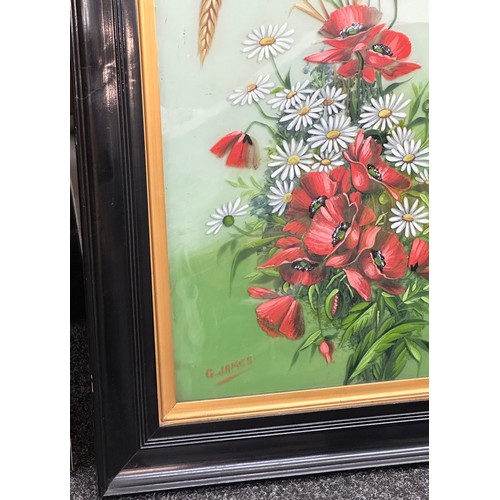 231 - Two framed hand painted floral scenes on glass signed G.James largest measures approximately 31 inch... 