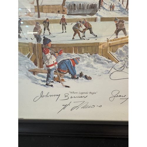 85 - Hockey memorabilia,  framed autographed lithograph, autographs include Johnny Bower, Bobby Hull, Jea... 