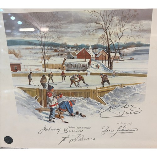 85 - Hockey memorabilia,  framed autographed lithograph, autographs include Johnny Bower, Bobby Hull, Jea... 