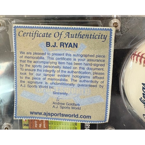 535 - Framed B J Ryan Toronto blue jays signed baseball with Topps card, together with COA from AJ Sports ... 