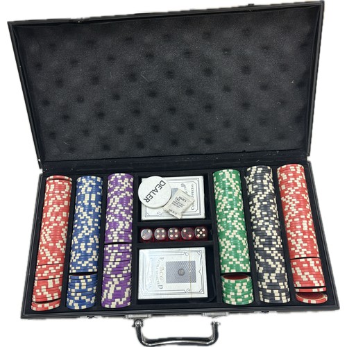 489 - Cased set of Calgary flames poker chips, cards, dice