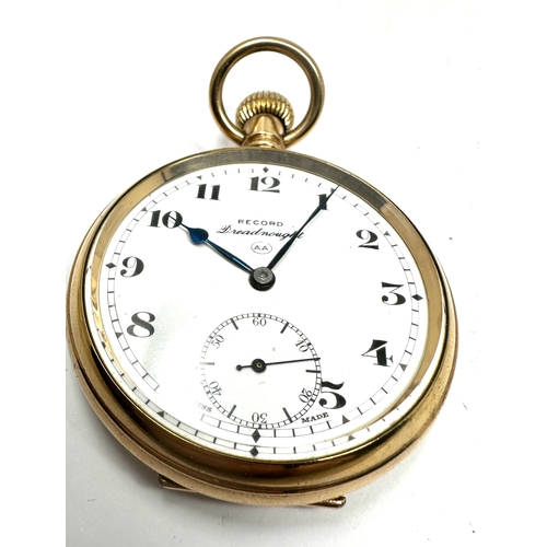 333 - Vintage gold plated open face Record dreadnought pocket watch balance spins does not wind