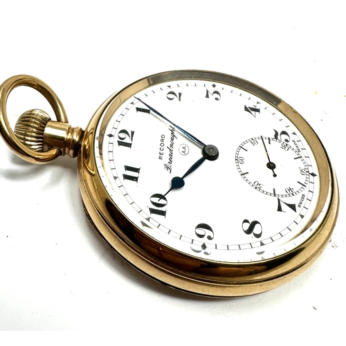 333 - Vintage gold plated open face Record dreadnought pocket watch balance spins does not wind