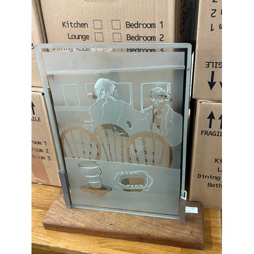 38 - Etched glass pub scene plaque on wooden base measures approximately Height 18 inches, Width 15 inche... 