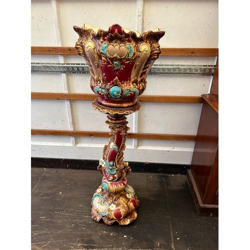 420 - Majolica Jardiniere damage to base overall height 48 inches