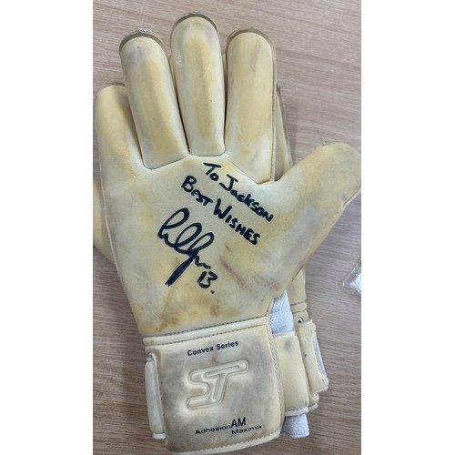 35 - Signed sporting gloves and a signed Leicester tigers magazine