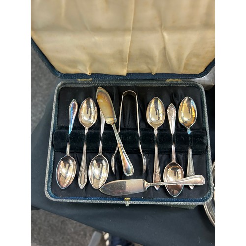 235 - Silver plated metalware to include 4 piece tea set, trays, boxed fish cutlery etc