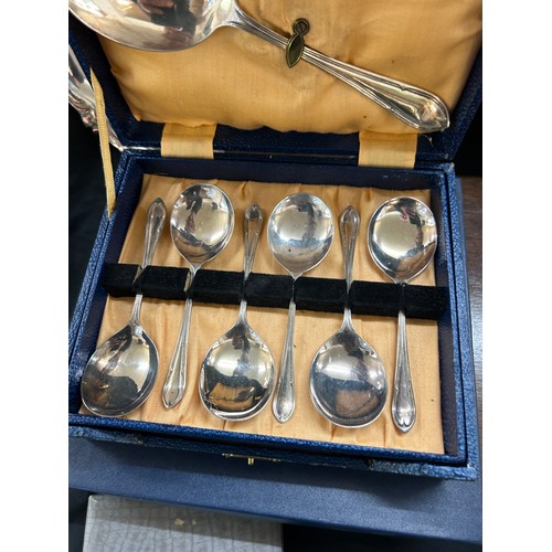 235 - Silver plated metalware to include 4 piece tea set, trays, boxed fish cutlery etc