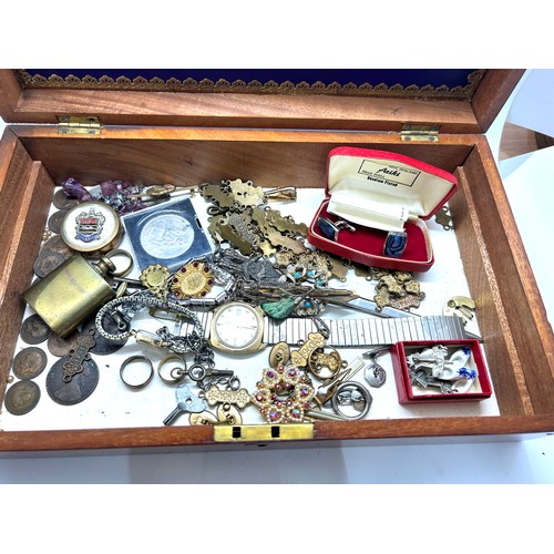 443 - Mahogany box of costume jewellery to include Pocket watch, wrist watch, coins brooches and rings etc