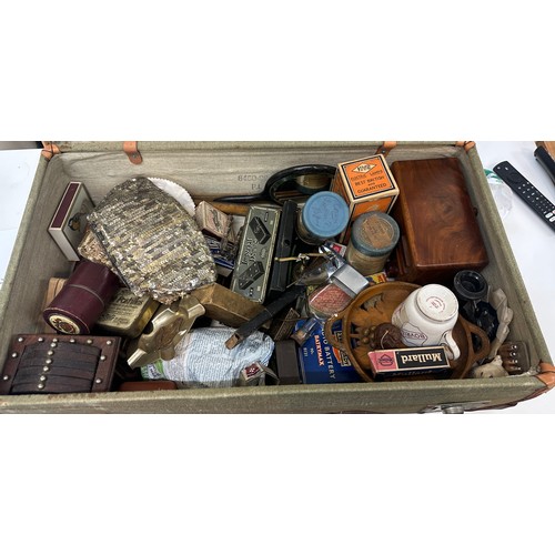 229 - Vintage suitcase full of antique and vintage object to incllude darts and bric-a-brac and old advert... 