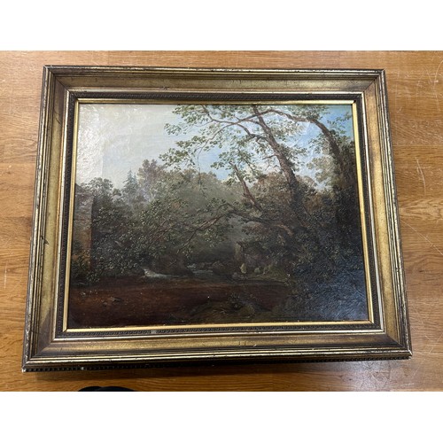 97 - Gilt framed oil painting on canvas depicting a woodland scene measures approximately 16 inches tall ... 