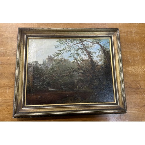 97 - Gilt framed oil painting on canvas depicting a woodland scene measures approximately 16 inches tall ... 