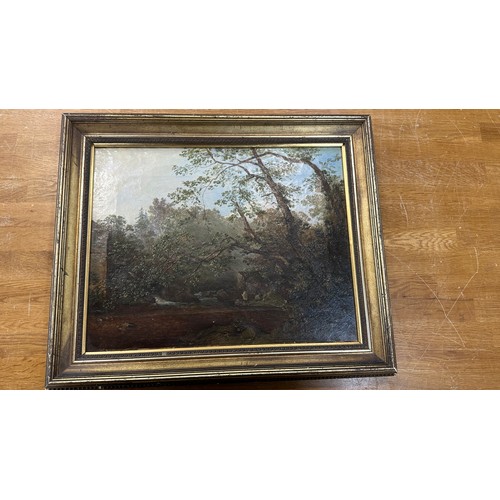 97 - Gilt framed oil painting on canvas depicting a woodland scene measures approximately 16 inches tall ... 