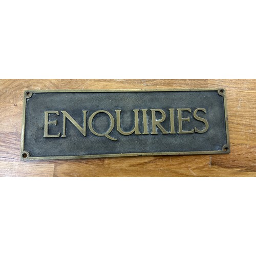 2 - Vintage original brass ' Enquiries' sign measures approximately 12 inches long x 4.5 wide