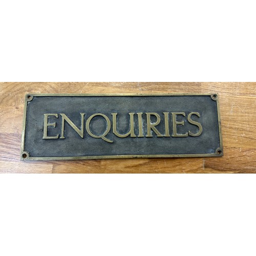 2 - Vintage original brass ' Enquiries' sign measures approximately 12 inches long x 4.5 wide