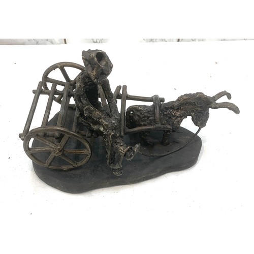 99 - Bronze horse and card figure on wooden base 10 inches by 6 inches