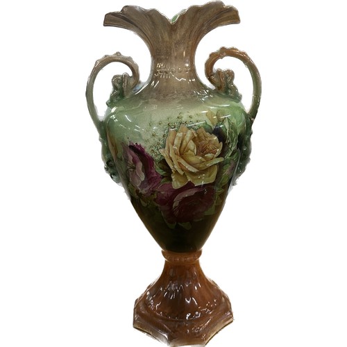 291 - Vintage pottery glazed two handle vase overall height approximately 16 inches- AF