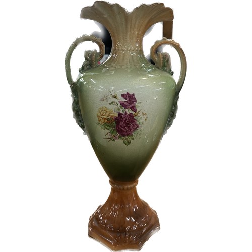 291 - Vintage pottery glazed two handle vase overall height approximately 16 inches- AF