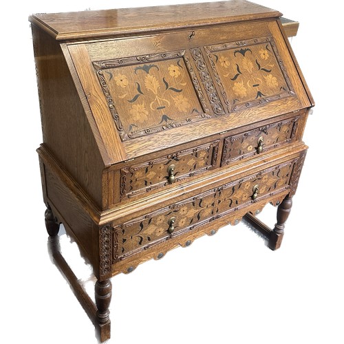 418 - Oak inlaid marquetry bureau measures approximately 42 inches tall x 38 wide and 20 deep