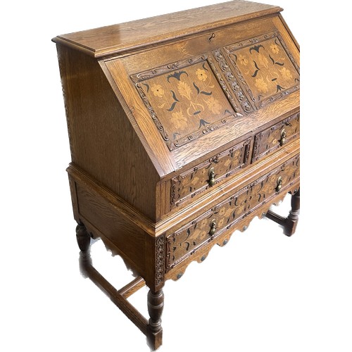 418 - Oak inlaid marquetry bureau measures approximately 42 inches tall x 38 wide and 20 deep