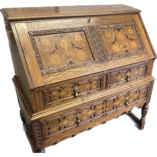 418 - Oak inlaid marquetry bureau measures approximately 42 inches tall x 38 wide and 20 deep