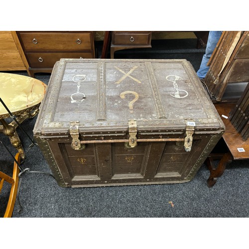 390 - Antique escapology trunk on casters with chains, measures approximately 29 inches tall 38 inches wid... 