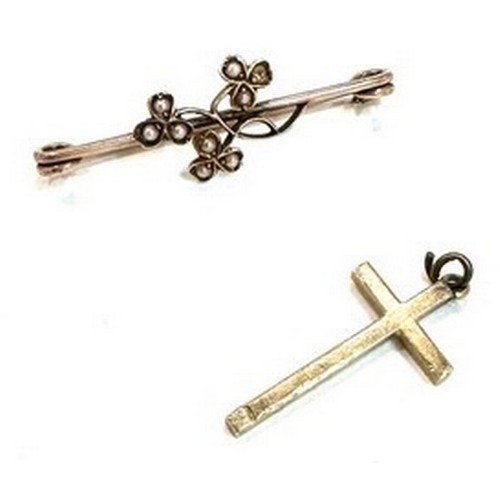 473 - 9ct gold stone set bar brooch and a 9ct cross pendant approx weight 3.8 grams