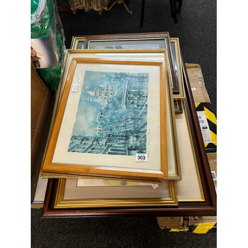 303 - Selection of framed prints and pictures largest measures approximately 23 inches tall by 30 wide