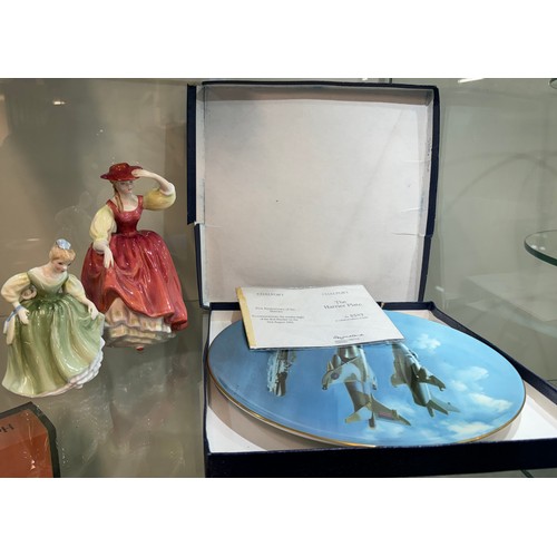 539 - Two vintage Royal Doulton lady figures and the Coalport The Harrier Plate 1987 Frank Wootton Limited... 