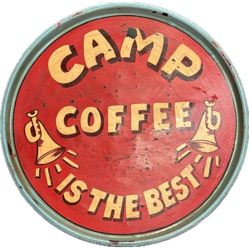 81 - Metal hand painted advertising charger measures approximately 22 inches diameter