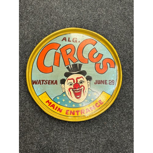 80 - Metal hand painted advertising charger measures approximately 22 inches diameter