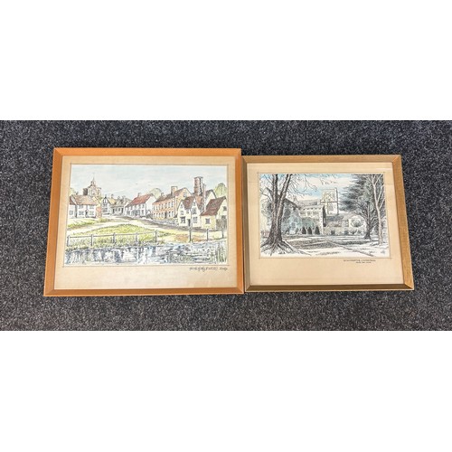 60 - Two framed signed sketches depicting Winchester Cathedral and one other largest measures approximate... 