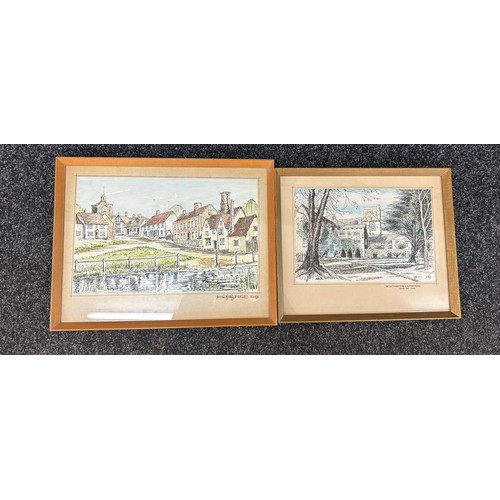 60 - Two framed signed sketches depicting Winchester Cathedral and one other largest measures approximate... 