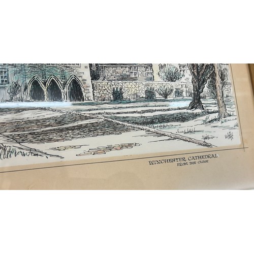 60 - Two framed signed sketches depicting Winchester Cathedral and one other largest measures approximate... 