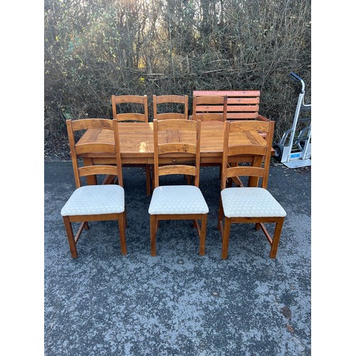 421F - Distressed Solid 2 Drawer oak  table and 6 chairs with leaf table measures 29 inches tall 91 inches ... 