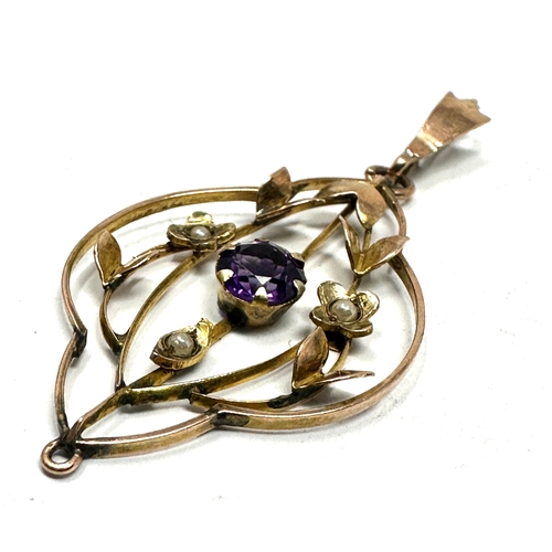 74 - Antique 9ct gold amethyst and seed-pearl pendant measures approx 4.5cm drop