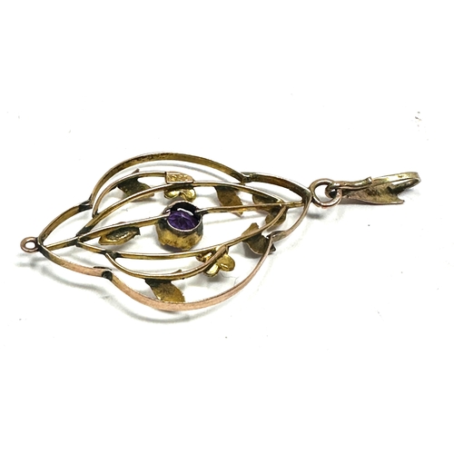 74 - Antique 9ct gold amethyst and seed-pearl pendant measures approx 4.5cm drop