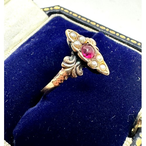 75 - Antique 9ct gold pink gemstone & seed-pearl ring weight 1.2g