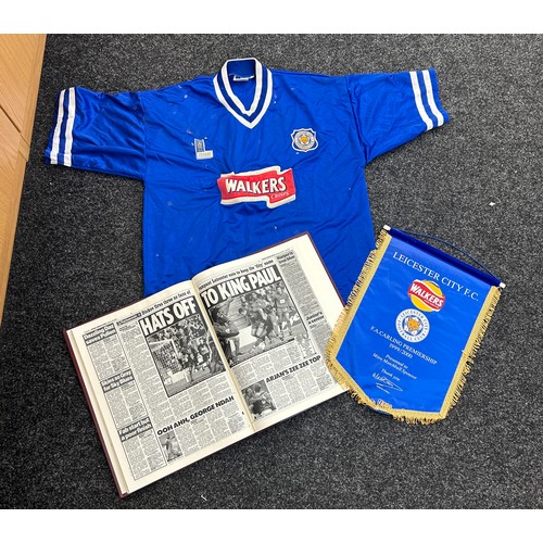 24 - Leicester City Football history from 1908 in bound folder together with vintage fan shirt, fabric pl... 