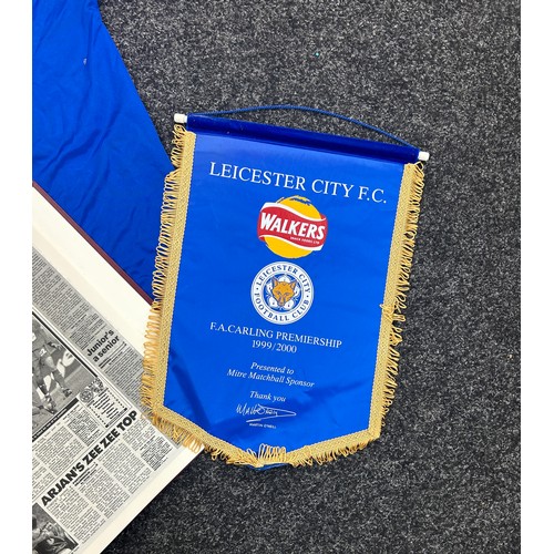 24 - Leicester City Football history from 1908 in bound folder together with vintage fan shirt, fabric pl... 