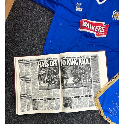 24 - Leicester City Football history from 1908 in bound folder together with vintage fan shirt, fabric pl... 