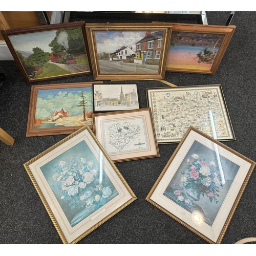 66 - Large selection of framed pictures and prints includes maps etc largest measures approximately 20 in... 