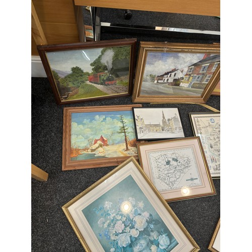 66 - Large selection of framed pictures and prints includes maps etc largest measures approximately 20 in... 