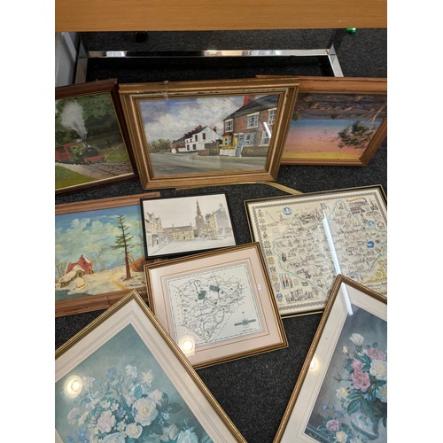 66 - Large selection of framed pictures and prints includes maps etc largest measures approximately 20 in... 